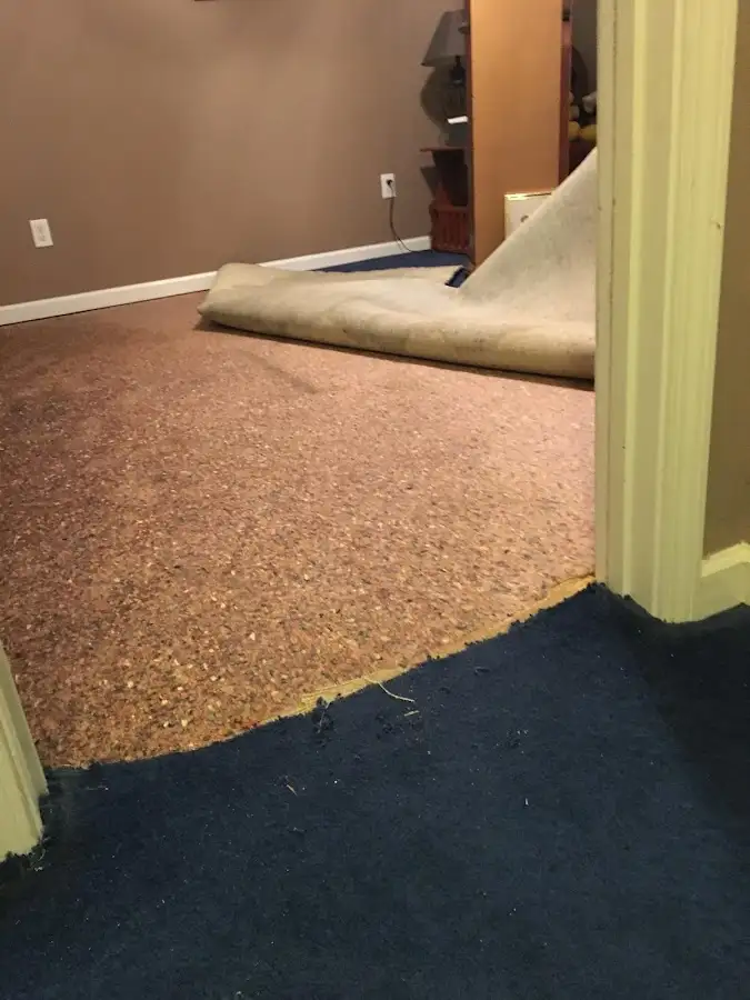 Carpet pad removal revealing water damage during Water Mitigation Services in Haslet